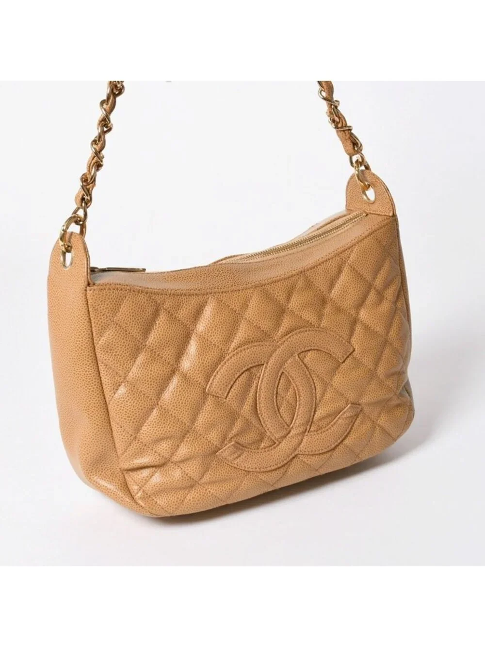 Chanel Chain Bag CC Logo Patch Caviar Leather Beige Gold